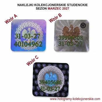 Three holographic collectible stickers labeled Wzór A, B and C for the March 2027 season; each features an eagle motif, a green date code 31-03-27, and a unique number; website www.hologramy-kolekcjonerskie.com.