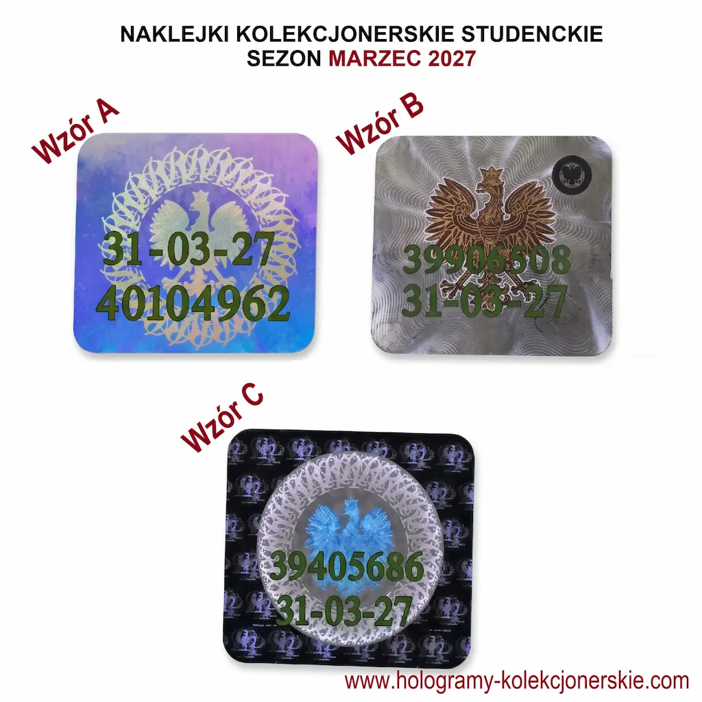 Hologramy kolekcjonerskie ELS 31-03-27 – zestawienie wzorów A, B i C